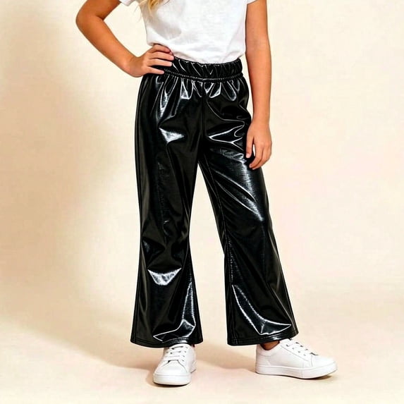 JOANKDMI Girls Faux Leather Flare Pants Size 5-6 High Waisted Shiny Metallic Bell Bottoms Elastic Waist Flattering Trousers for Dance Party Rave Clubwear Retro Style