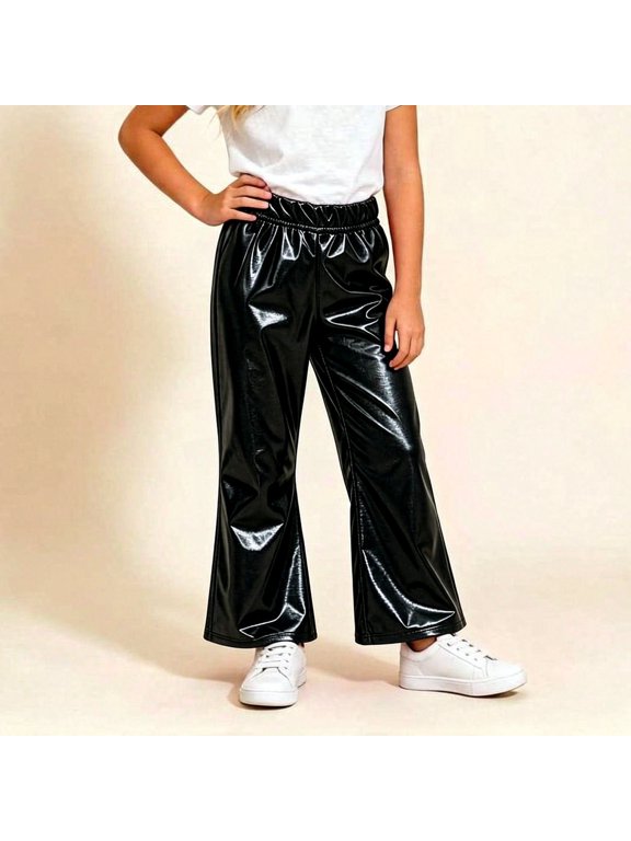 Girls Faux Leather Flare Pants Size 9-10 High Waisted Shiny Metallic Bell Bottoms Elastic Waist Flattering Trousers for Dance Party Rave Clubwear Retro Style