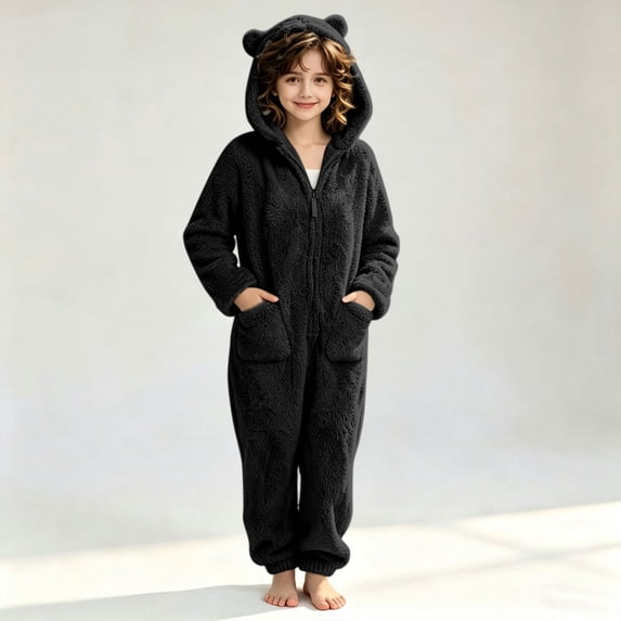 JOANKDMI Girls Fuzzy Fleece Size 7-8 Onesie Pajamas with Cute Ears Hood and Pockets Zipper One Piece Jumpsuit Warm Fluffy Sleepwear for Winter Lounge Homewear