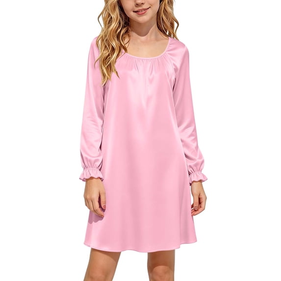JOANKDMI Girls Nightgown Long Sleeve Sleepwear Soft Nightshirt Casual Lounge Dress Comfy Sleep Shirt Ruffle Cuffs Nightwear Pj Sweet Sleep Dress for Kids Tweens