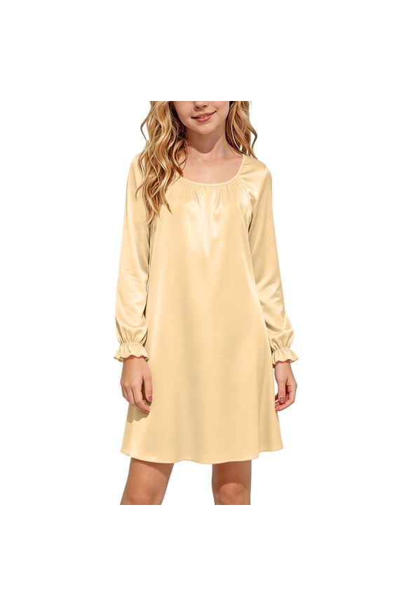 Girls Nightgown Long Sleeve Sleepwear Soft Nightshirt Casual Lounge Dress Comfy Sleep Shirt Ruffle Cuffs Nightwear Pj Sweet Sleep Dress for Kids Tweens