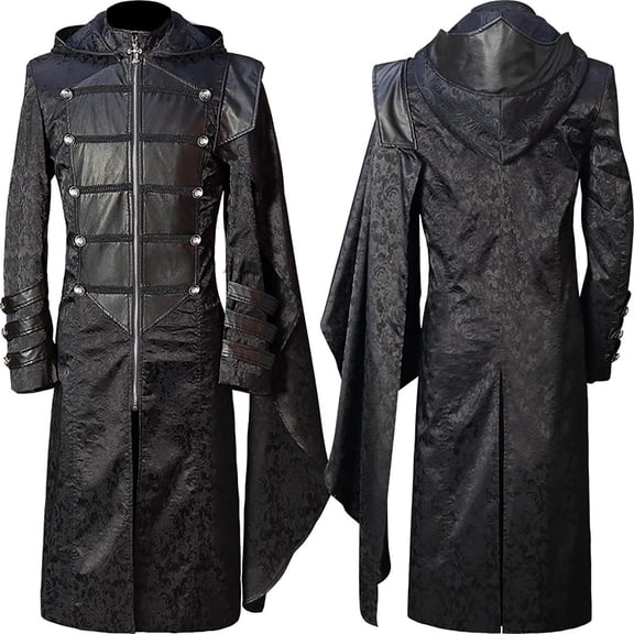 JOANKDMI Gothic Hooded Cloak for Men Steampunk Long Trench Coat Zip Up Medieval Wizard Vampire Jacket with Buckle Straps for LARP Halloween Cosplay Costume Party