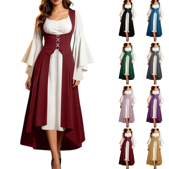 JOANKDMI Gothic Medieval Renaissance Costume Women Vintage Bell Sleeve Corset Dress for Haunting Role Play Chic Halloween Outfit Fairytale Maiden Apparel
