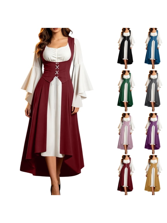 Gothic Medieval Renaissance Costume Women Vintage Bell Sleeve Corset Dress for Haunting Role Play Chic Halloween Outfit Fairytale Maiden Apparel