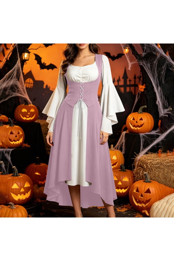 Gothic Medieval Renaissance Costume Women Vintage Bell Sleeve Corset Dress for Haunting Role Play Spooky Chic Halloween Outfit Fairytale Maiden Apparel
