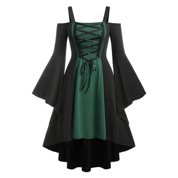 JOANKDMI Gothic Renaissance Dress for Women Lace Up Front Off Shoulder Bell Sleeve High Low Asymmetrical Steampunk Halloween Cosplay Costume Medieval Witch Gown