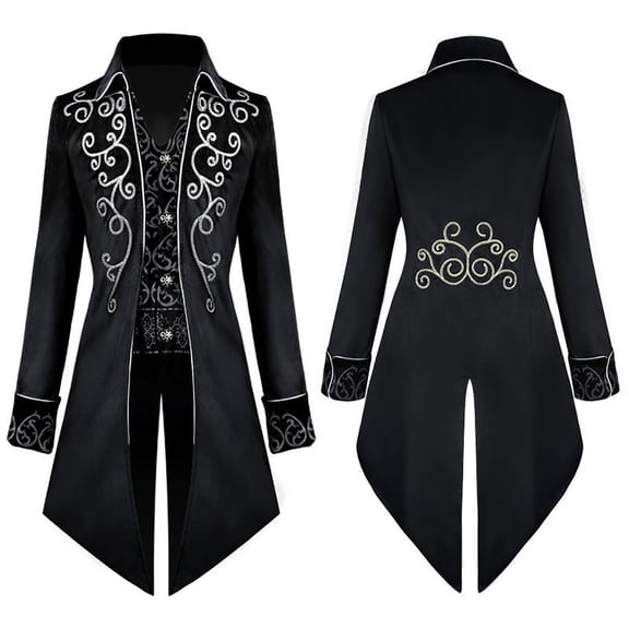JOANKDMI Gothic Tailcoat for Men Vintage Embroidered Frock Coat Medieval Steampunk Aristocrat Jacket Stand Collar Vampire Costume for Halloween Masquerade Stage