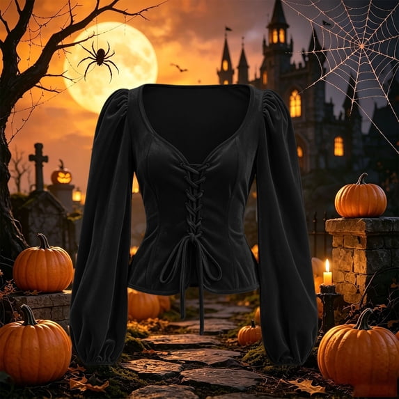 JOANKDMI Gothic Vampire Lace-Up Corset Top Women Elegant Puff Long Sleeve Sweetheart Neckline Blouse for Roleplay Renaissance Fair Halloween Costume Outfit