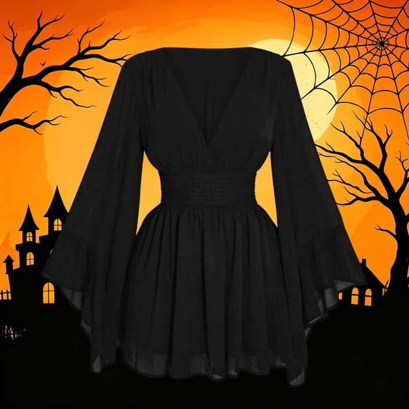 JOANKDMI Gothic Witch Costume for Women Long Bell Sleeve V-Neck Chiffon Dress Smocked Waist Flaring Mini Dress for Halloween Vampire Party Theme