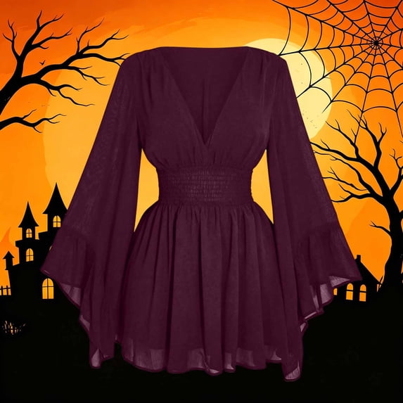 JOANKDMI Gothic Witch Costume for Women Long Bell Sleeve V-Neck Chiffon Dress Smocked Waist Flaring Mini Dress for Halloween Vampire Party Theme