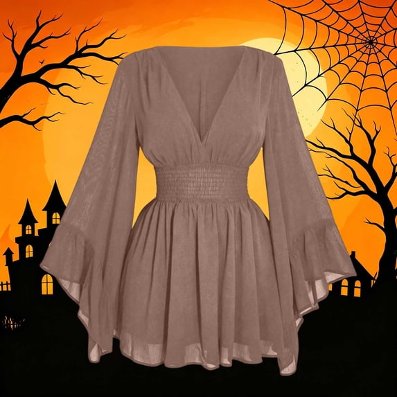 JOANKDMI Gothic Witch Costume for Women Long Bell Sleeve V-Neck Chiffon Dress Smocked Waist Flaring Mini Dress for Halloween Vampire Party Theme