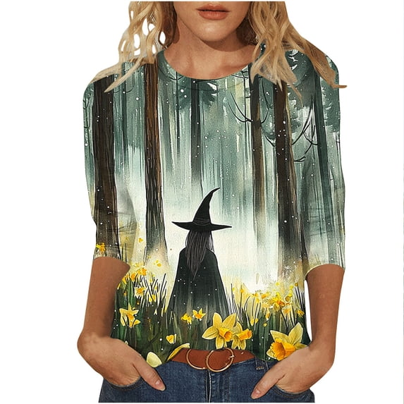 JOANKDMI Graphic Print T Shirts Women Halloween 3/4 Sleeve Crewneck Tops Witch Forest Magical Vintage Casual Blouse Fall Streetwear Y2K Fashion Relaxed Fit Everyday Wear