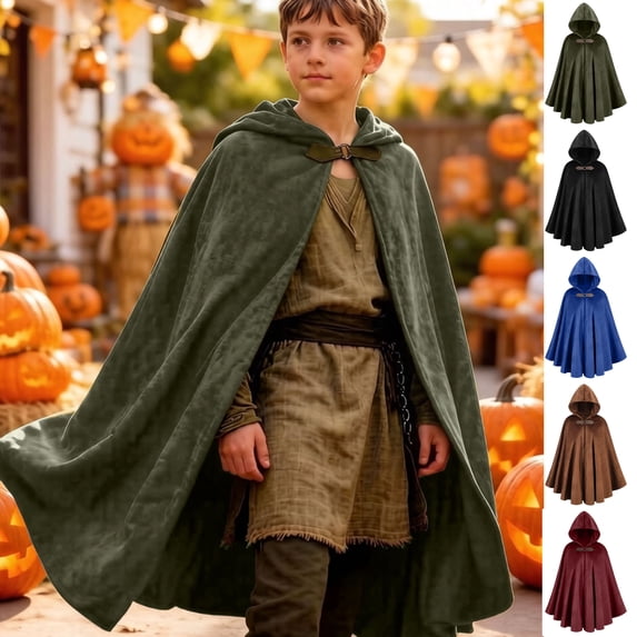 JOANKDMI Halloween Hooded Cloak Boys Girls Kid Full Length with Buckle Fastener Renaissance Cosplay Costume for LARP & Parties Dark Texture Fancy Medieval Dress Cape
