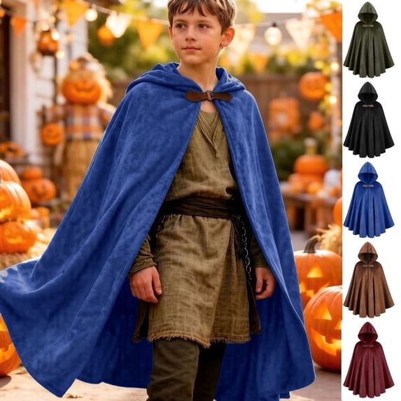 JOANKDMI Halloween Hooded Cloak Boys Girls Kid Full Length with Buckle Fastener Renaissance Cosplay Costume for LARP & Parties Dark Texture Fancy Medieval Dress Cape