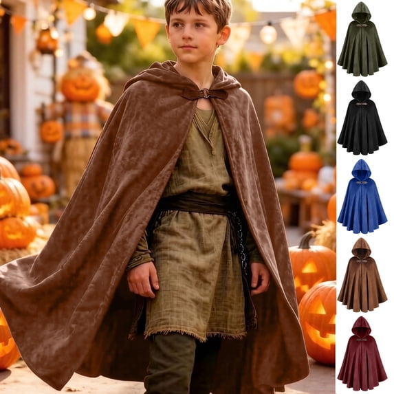 JOANKDMI Halloween Hooded Cloak Boys Girls Kid Full Length with Buckle Fastener Renaissance Cosplay Costume for LARP & Parties Dark Texture Fancy Medieval Dress Cape