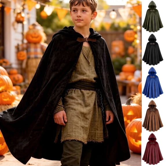 JOANKDMI Black Cloak for Boys Girls Kids Halloween Long Hooded Cape Cloak Solid Color for Party Dress Up Roleplay, 7Y-15Y