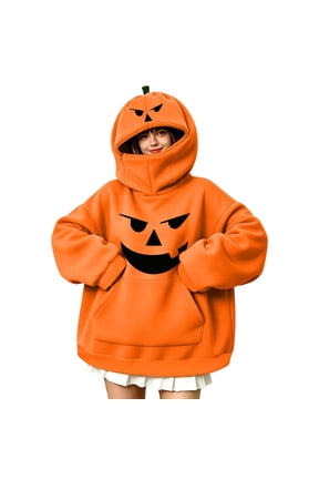 Halloween Jack O Lantern Pullover Tops for Women Oversized Graphic Hoodies Long Sleeve Novelty Cosplay Sweatshirts with Zip Mask Hood and Hand Pockets for Autumn