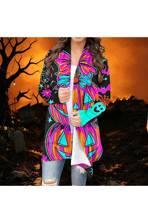 Halloween Open Front Cardigan Women Graphic Print Lightweight Long Sleeve Duster Coat Casual Drape Lapel Fall Jacket Spooky Holiday Novelty Party Outerwear