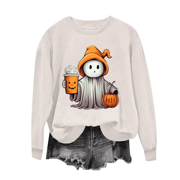 JOANKDMI Halloween Pullover Sweatshirt for Women Wizard Ghost Pumpkin Graphic Crewneck Long Sleeve Tops Drop Shoulder Fall Clothes Oversized Casual Streetwear Cozy Jumper