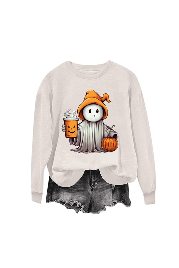 Halloween Pullover Sweatshirt for Women Wizard Ghost Pumpkin Graphic Crewneck Long Sleeve Tops Drop Shoulder Fall Clothes Oversized Casual Streetwear Cozy Jumper