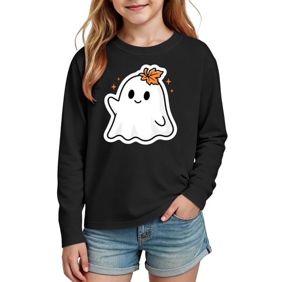 JOANKDMI Halloween Tops for Girl 10-11 Cute Ghost Graphic Long Sleeve T-Shirts Classic Crewneck Casual Loose Fit Pullover Shirts for Autumn Festival Party School Activewear