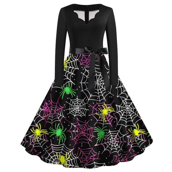 JOANKDMI Halloween Vintage 1950s Dress for Women Long Sleeve Spider Web Print A-Line Swing Cocktail Party Dress Retro Rockabilly Costume