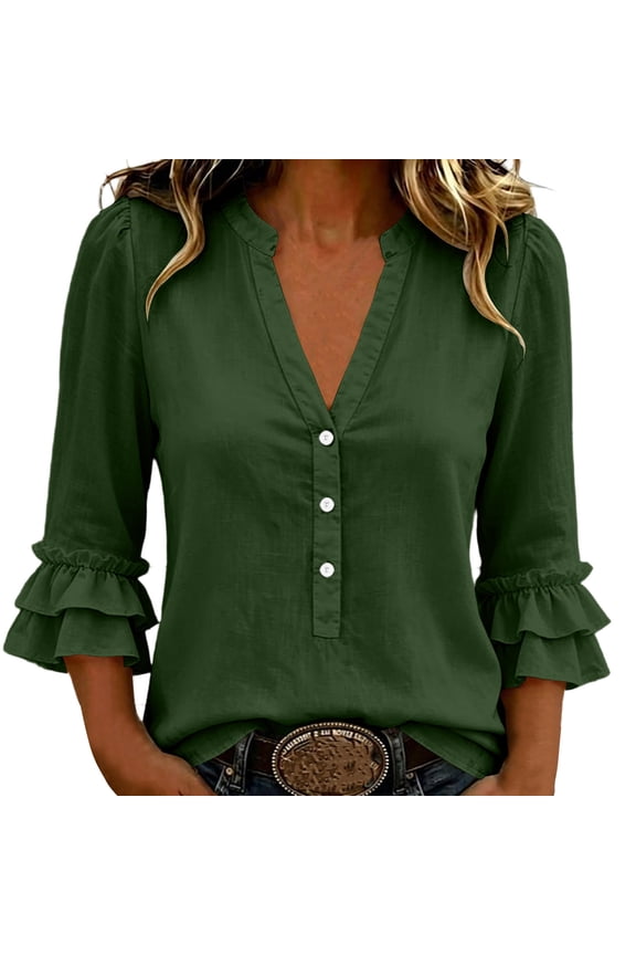 Henley V Neck Shirts Women 3/4 Bell Sleeve Blouses Button Up Casual Tops Tiered Ruffle Cuffs Loose Fit Basic Tees Summer Fall Lightweight Elegant Office Workwear