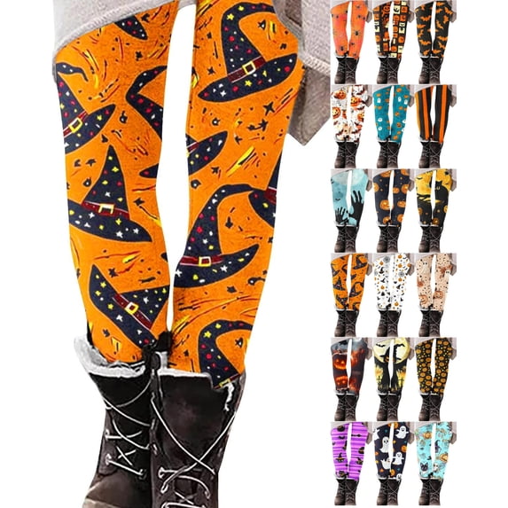 JOANKDMI High Waist Halloween Tights for Women Fun Witch Hat Print Stretchy Leggings Soft Athletic Yoga Pants for Fall Holiday Cosplay Costume Slim Fit Flattering Bottoms