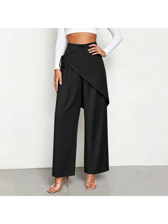High Waisted Palazzo Pants for Women Elegant Asymmetric Wrap Front Wide Leg Trousers Flowy Dressy Tie Knot Casual Lounge Bottoms for Work Evening Party