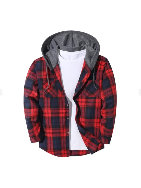 Hooded Shacket Men Plaid Flannel Shirt Button Down Long Sleeve Hip Length Fall Jacket with Chest Pockets Daily Casual Wear,S-3XL