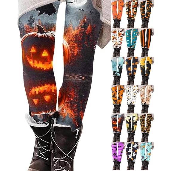 JOANKDMI Jack-o-Lantern Print Leggings for Women High Waist Halloween Yoga Pants Stretchy Athletic Tights for Autumn Cosplay Festival Party Comfortable Flattering Fit