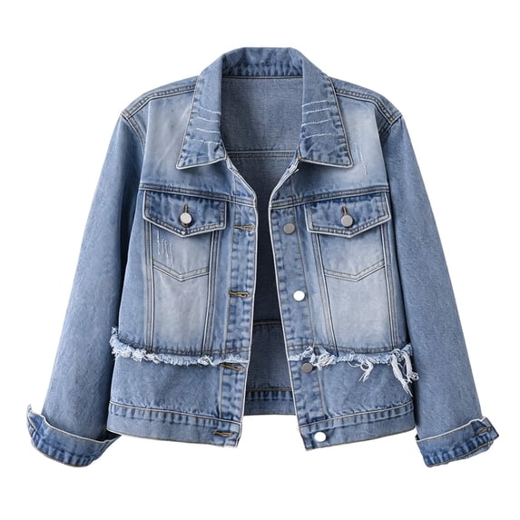 JOANKDMI Jean Jacket for Women Trendy Denim Button Down Collared Distressed Long Sleeve Jean Coat with Frayed Vintage Casual Shacket Outerwear for Fall Spring Everyday Wear