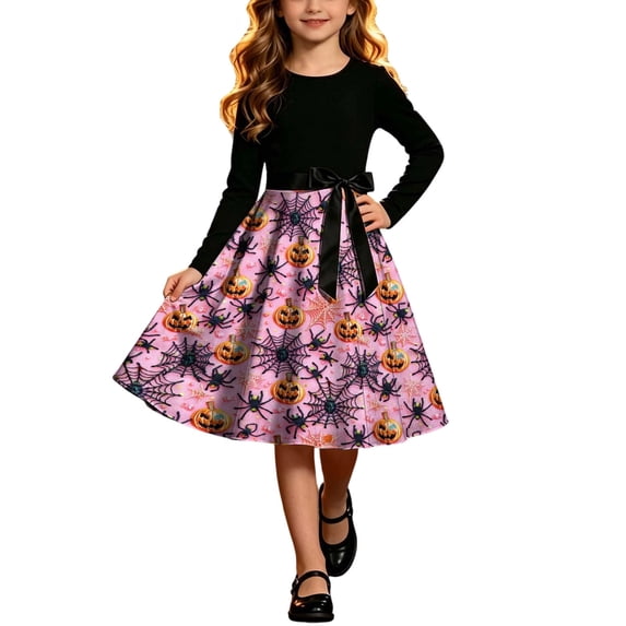 JOANKDMI Kid Girls Cute Spiderweb Pumpkin Print Skirt Long Sleeve Crewneck High Waisted A-Line Flowy Midi Skirtes Elegant Bow Belt Fall Holiday Halloween Party Wear