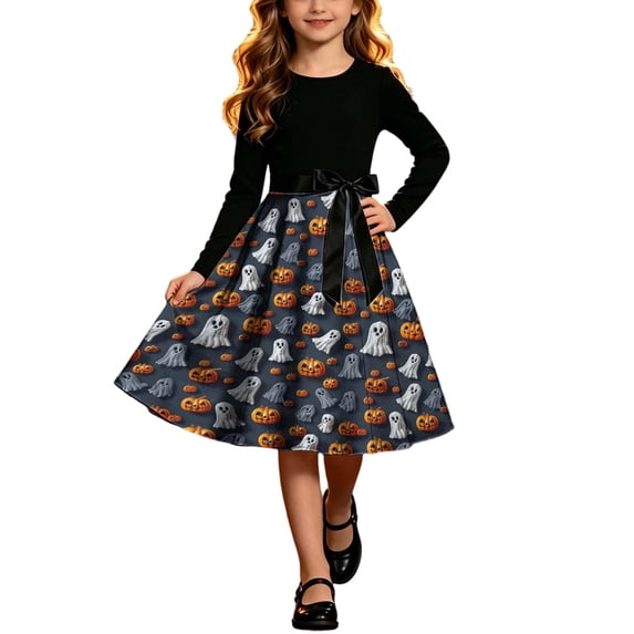 JOANKDMI Kid Girls Halloween Fall Outfit Long Sleeve Crewneck Ghost Pumpkin Pattern A-Line Flared Skater Midi Skirt with Belt Chic Holiday Festival Clothing