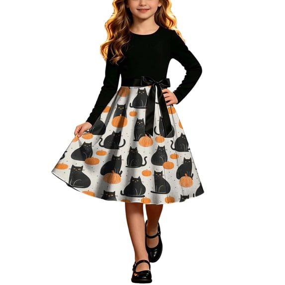 JOANKDMI Kid Girls Jack-o-Lantern Pumpkin Cat Pattern Skirt Fall Festival Swing Long Sleeve Crewneck A-Line Skater Skirtes with Belt Cute Halloween Party Outfit