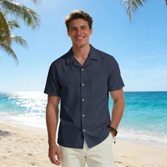 JOANKDMI Linen Beach Shirts for Men Short Sleeve Button Up Casual Summer Tops Breathable Cuban Collar Holiday Vacation Shirts with Pocket Relaxed Fit, S-3XL