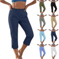 thumbnail image 1 of JOANKDMI Linen Capri Pants for Women No Drawstring Elastic Waisted Straight Leg Comfortable Side Slit Bottoms Summer Casual Vacation Beach Trousers with Pockets, 1 of 8