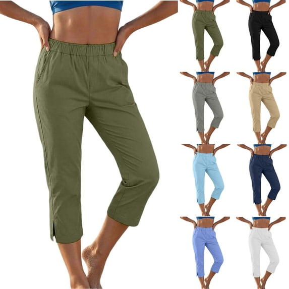 JOANKDMI Linen Capri Pants for Women No Drawstring Elastic Waisted Straight Leg Comfortable Side Slit Bottoms Summer Casual Vacation Beach Trousers with Pockets