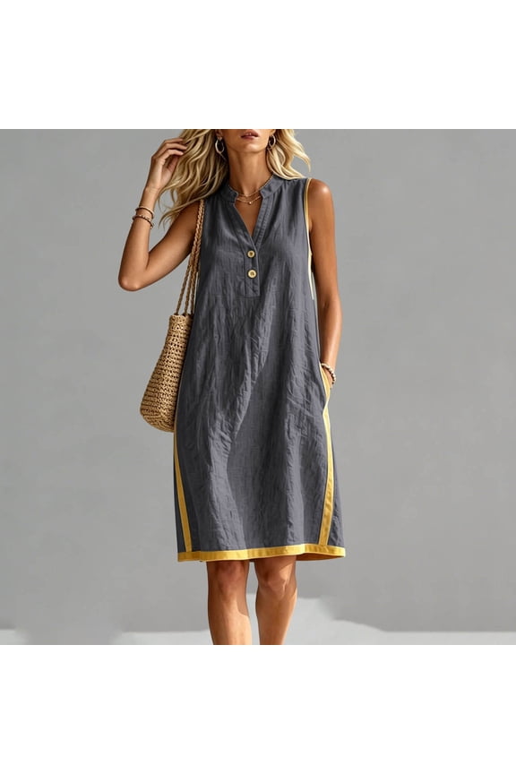 Linen Dress Women Summer Mini Sleeveless V Neck Button Down Shift Dresses with Pockets Casual Loose Fit Flowy Tunic Sundress for Beach Vacation Everyday Wear