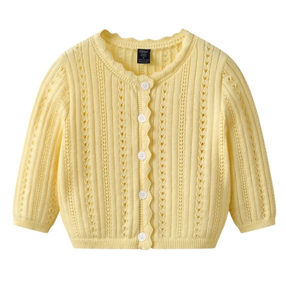 JOANKDMI Little Girls Pointelle Cardigan Sweaters Scalloped Trim Long Sleeve Button Up Knit Outerwear Coat Lightweight Casual Fall Spring Tops for Dress Wedding School Uniform