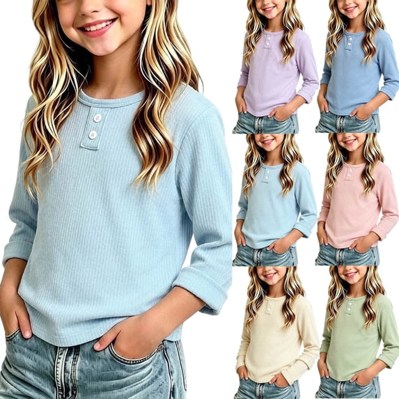 JOANKDMI Long Sleeve Henley Shirts for Girl 2 9-10 Ribbed Button Down Casual Pullover Tops Fall Winter Basic Tees School Clothes Fashion Activewear Slim Fit Soft Comfy Blouse