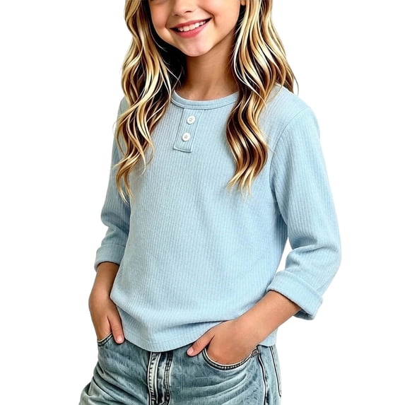 JOANKDMI Long Sleeve Henley Shirts for Girl 5-6 Ribbed Button Down Casual Pullover Tops Fall Winter Basic Tees School Clothes Fashion Activewear Slim Fit Soft Comfy Blouse