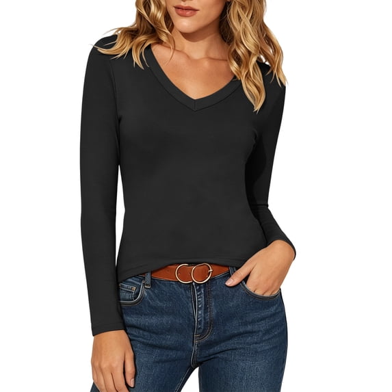 JOANKDMI Long Sleeve T-Shirts for Women Deep V Neck Basic Tees Casual Slim Fit Tops Flattering Stretch Undershirts for Everyday Wear Office and Fall Layering Blouses