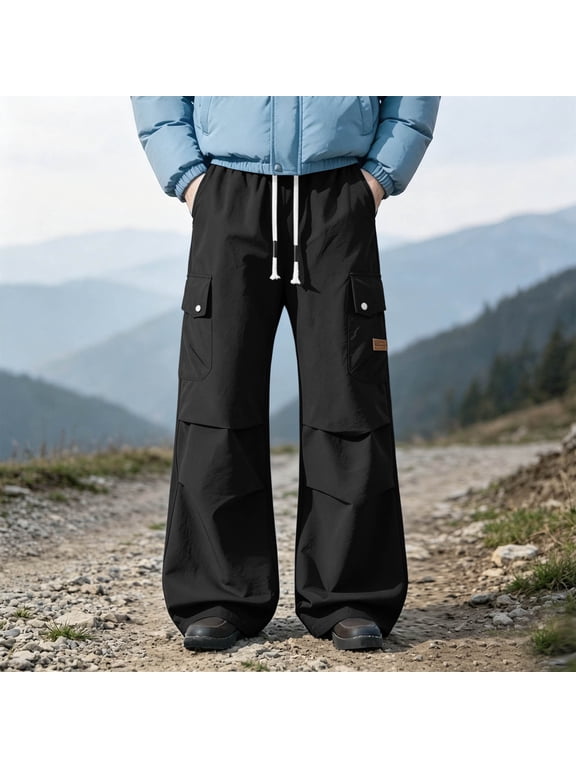 Loose Cargo Pants for Men Wide Leg Y2K Parachute Trousers Elastic Waist Drawstring Baggy Techwear Pants with Multi Pockets Knee Pleats for Streetwear