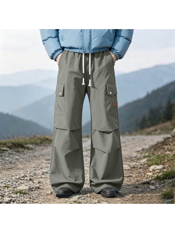 Loose Cargo Pants for Men Wide Leg Y2K Parachute Trousers Elastic Waist Drawstring Baggy Techwear Pants with Multi Pockets Knee Pleats for Streetwear