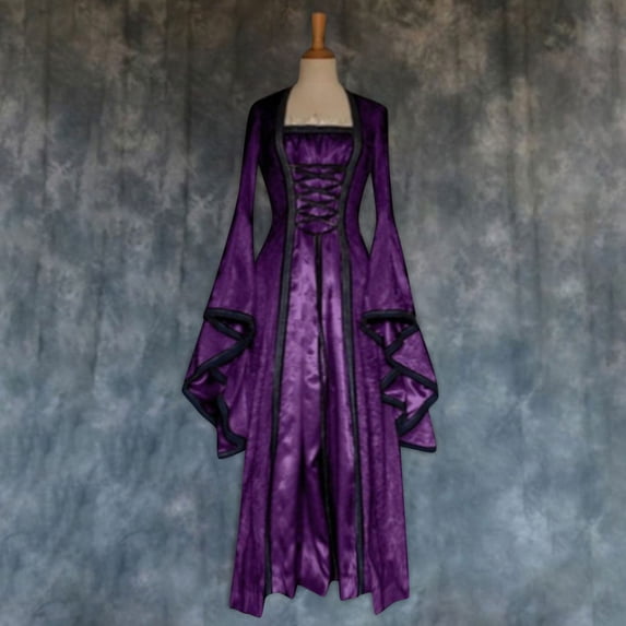 JOANKDMI Medieval Renaissance Dress for Women Lace-up Front Vintage Elven Gown Long Flare Sleeve Steampunk Halloween Cosplay Fairytale Costume Victorian Maxi Dress
