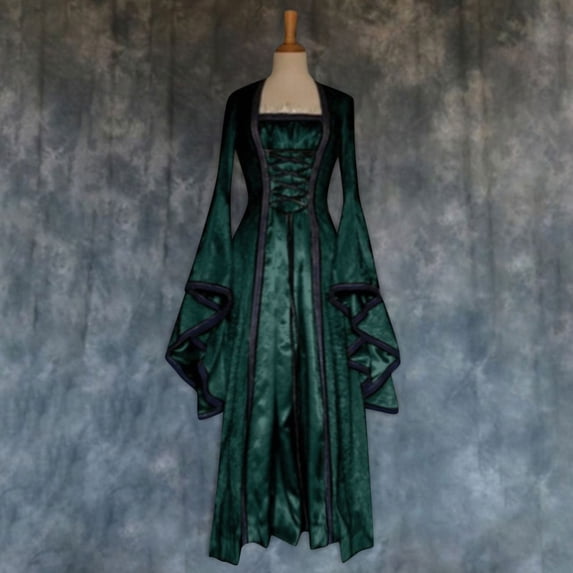 JOANKDMI Medieval Renaissance Dress for Women Lace-up Front Vintage Elven Gown Long Flare Sleeve Steampunk Halloween Cosplay Fairytale Costume Victorian Maxi Dress
