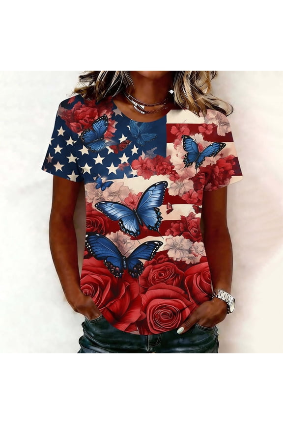 Memorial Day Shirts for Women 4th of July V Neck 3/4 Sleeve American Flag Button Down Blouses Anniversary Patriotic Independence Day Wear