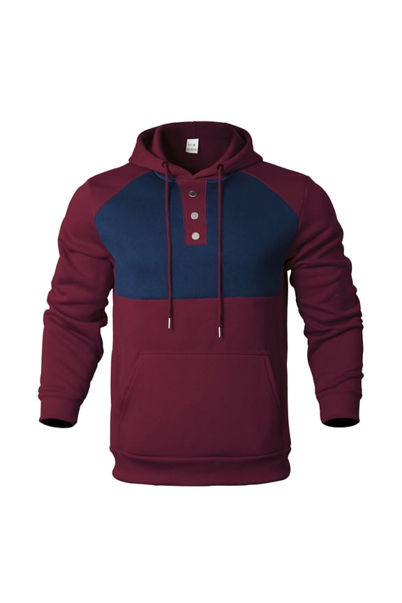 Mens Colorblock Pullover Hoodie Henley Button Neck Sweatshirt Long Sleeve Drawstring Hooded Top with Kangaroo Pocket Casual Fall Winter Activewear Daily Workout
