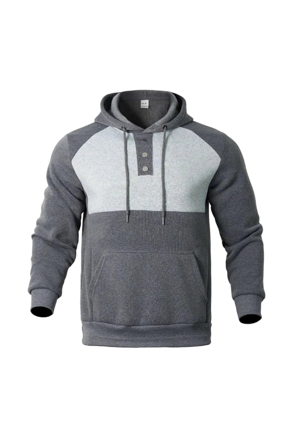 Mens Colorblock Pullover Hoodie Henley Button Neck Sweatshirt Long Sleeve Drawstring Hooded Top with Kangaroo Pocket Casual Fall Winter Activewear Daily Workout